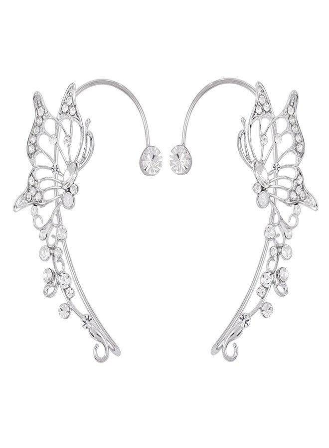 ATCEME 2 Pcs Butterfly Ear Cuff Earrings for Women Non Piercing Rhinestone Goth Fairy Elf Ear Cuff Butterfly Ear Wrap Earrings for Bridal Wedding Prom For Teen(Silver) - Image 1